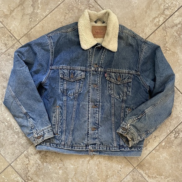 Vintage 90s Levi's Authentic‎ Sherpa Lined Trucker Denim Jacket Blue Large - Picture 1 of 6